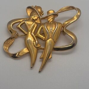 JJ Signed Vintage Gold Tone Couple Dancing Brooch Pin Elegant Formal Attire